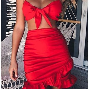 Red Two piece skirt set.